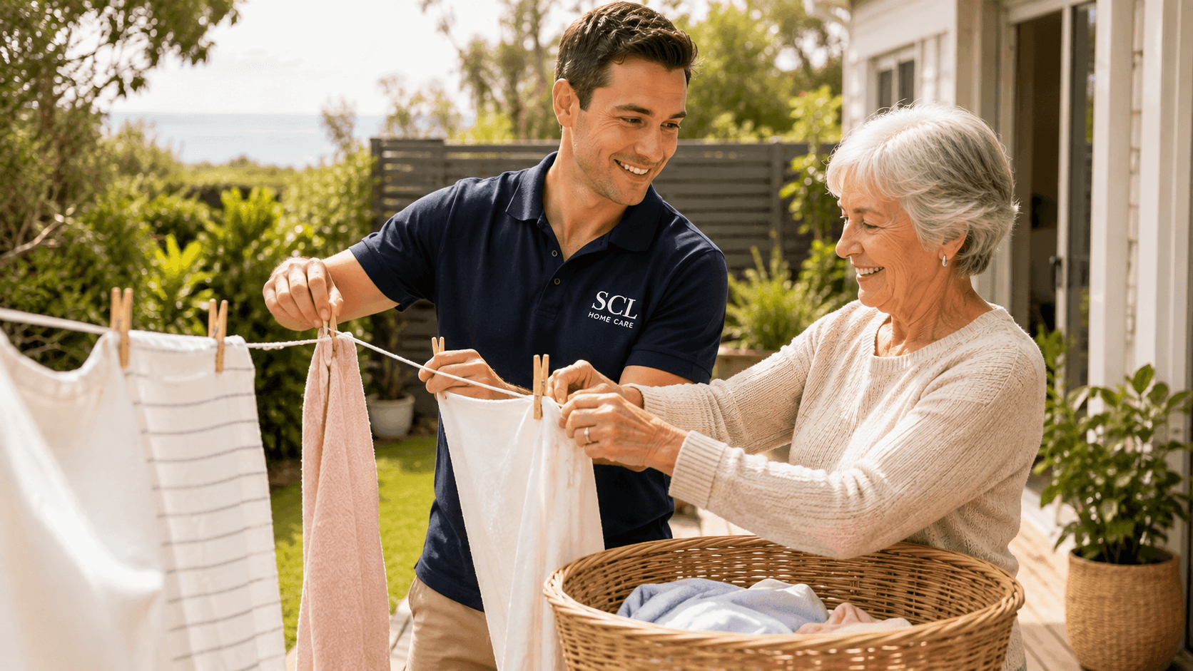 A support worker helping with something everyday — hanging washing, making a meal, walking to the car. Ordinary rather than clinical, since that is most of what this work actually is.