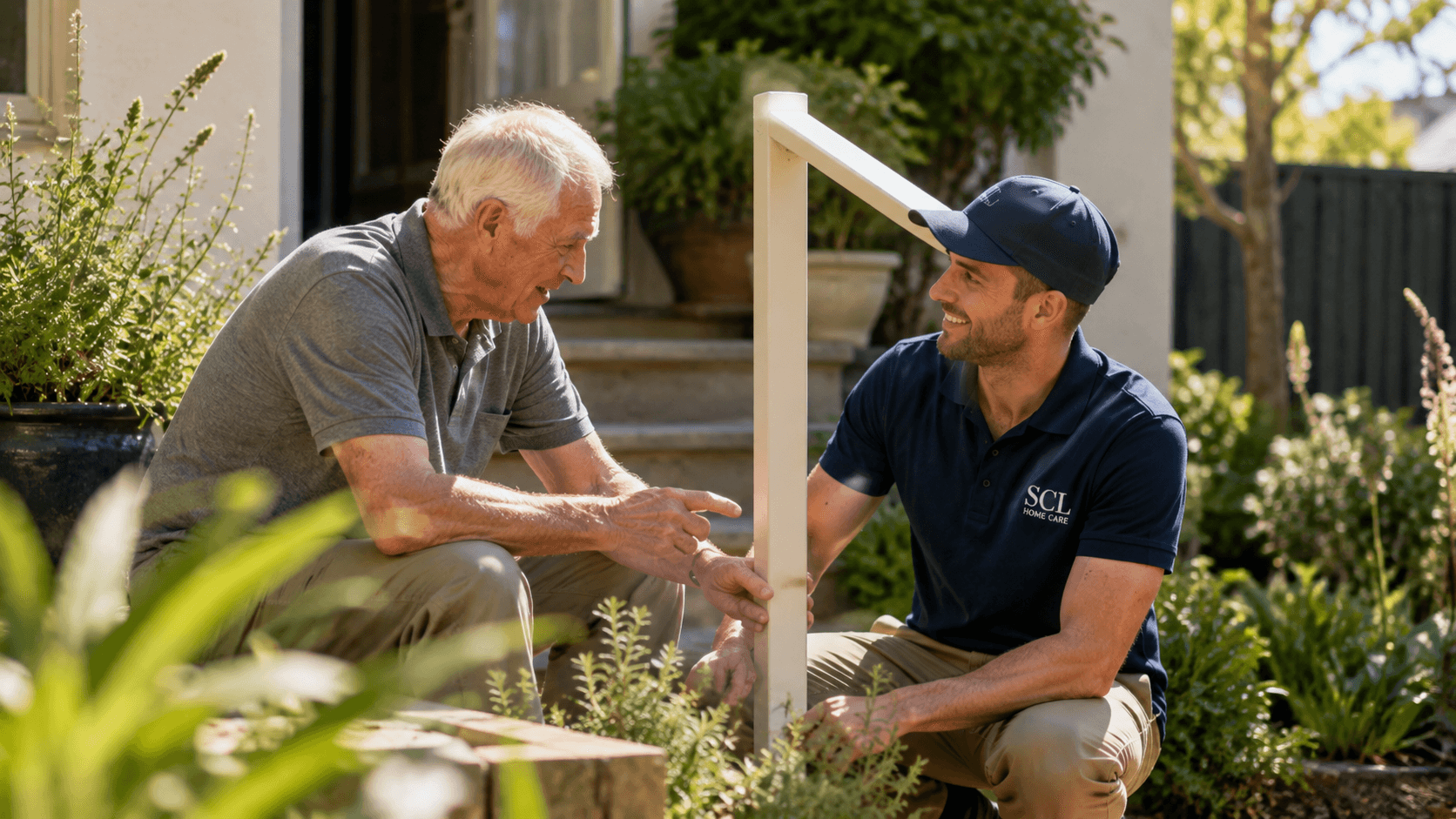 Older homeowner discussing practical garden or home maintenance tasks with a vetted local supplier.