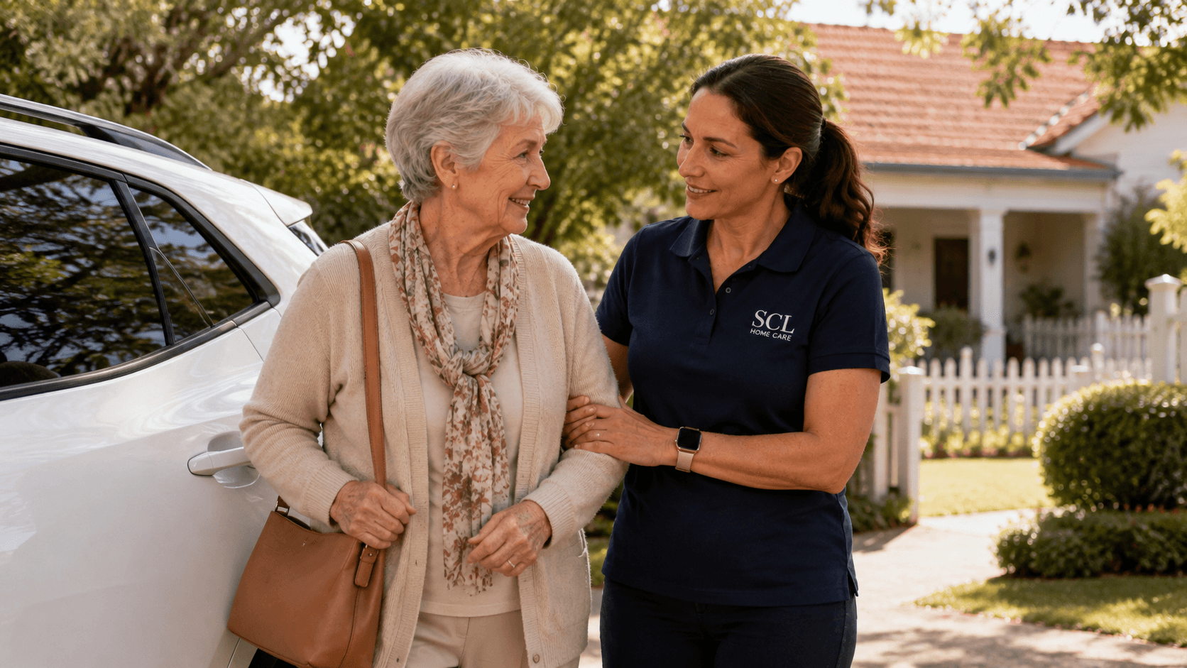 Older person heading out with an SCL Home Care worker for transport and accompanied support.