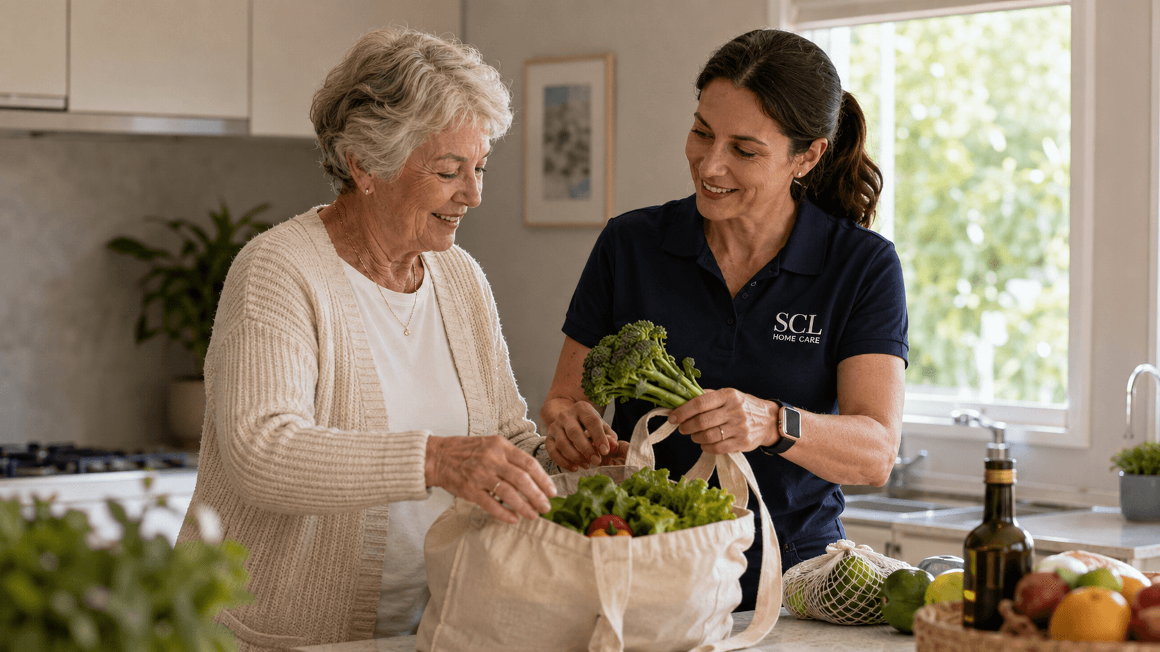 Older person and SCL Home Care worker completing light household tasks together at home.
