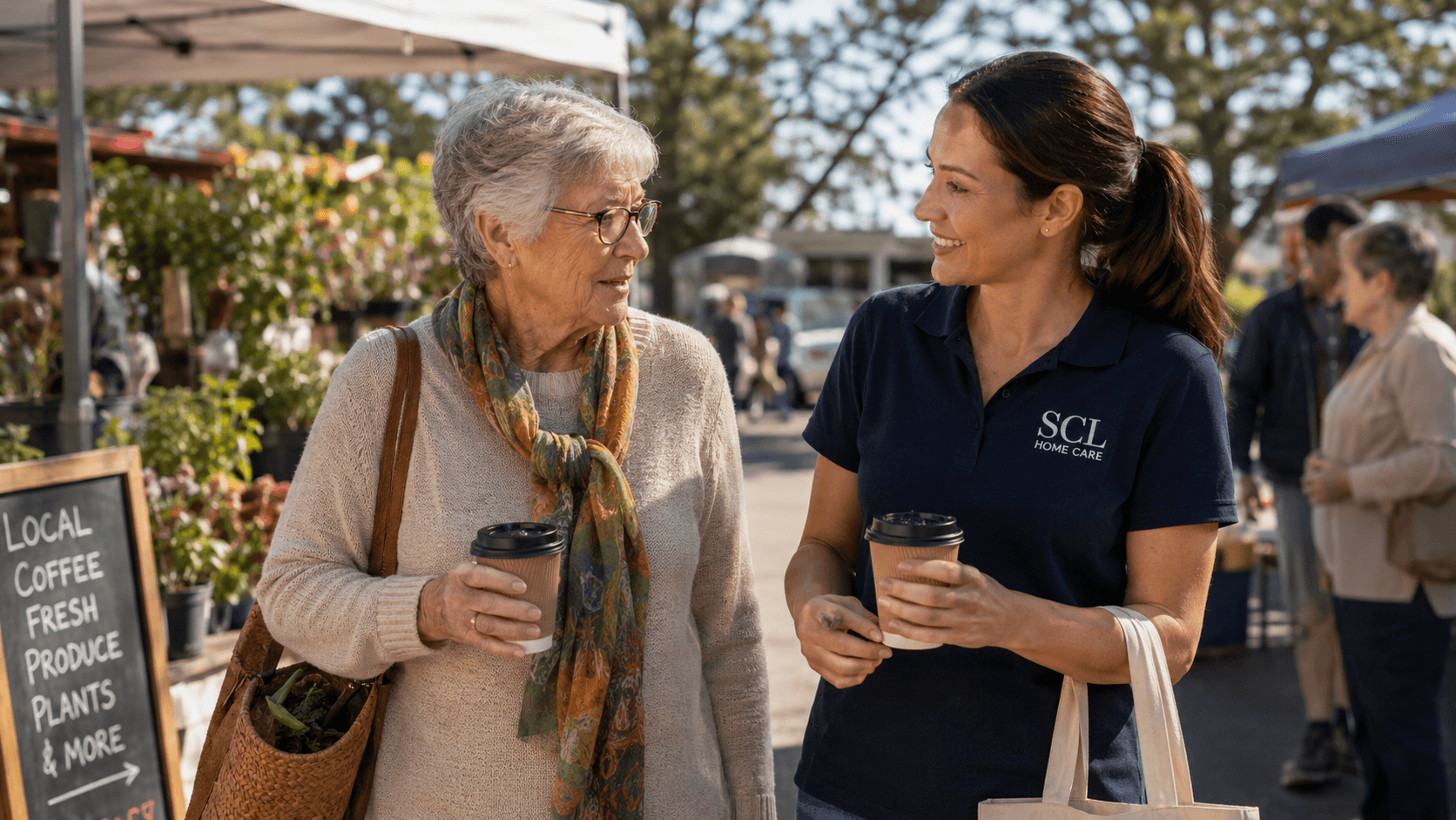 Older person enjoying a community outing with an SCL Home Care worker.