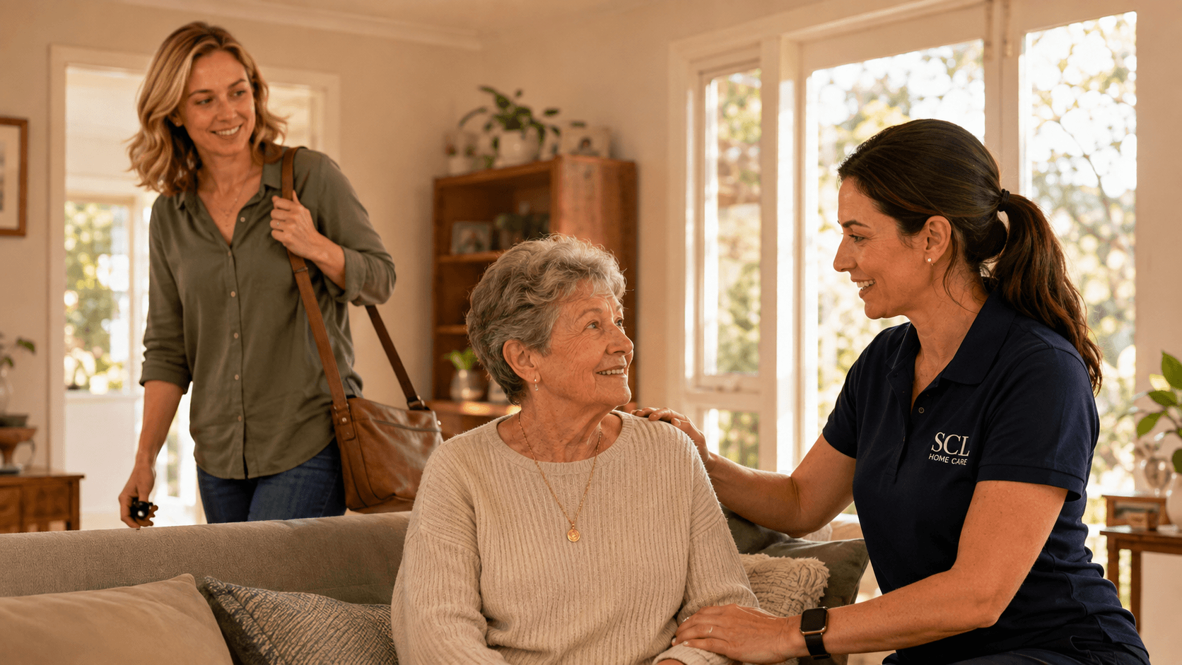 Older person spending relaxed time at home with an SCL Home Care worker while a family carer takes a break.
