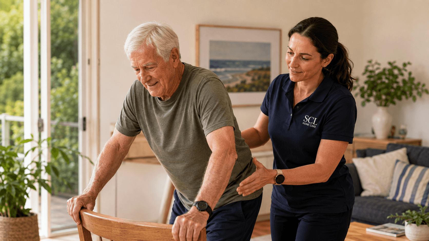 Older person working with an allied health clinician during a home visit.
