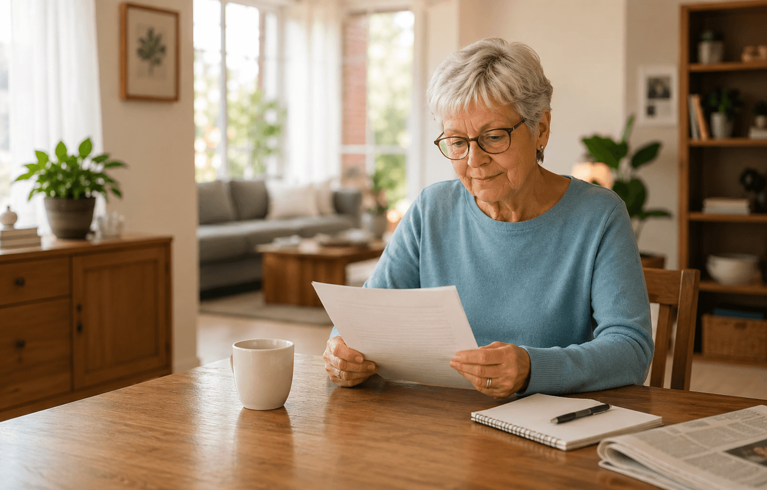 Older person at home reading at the kitchen table