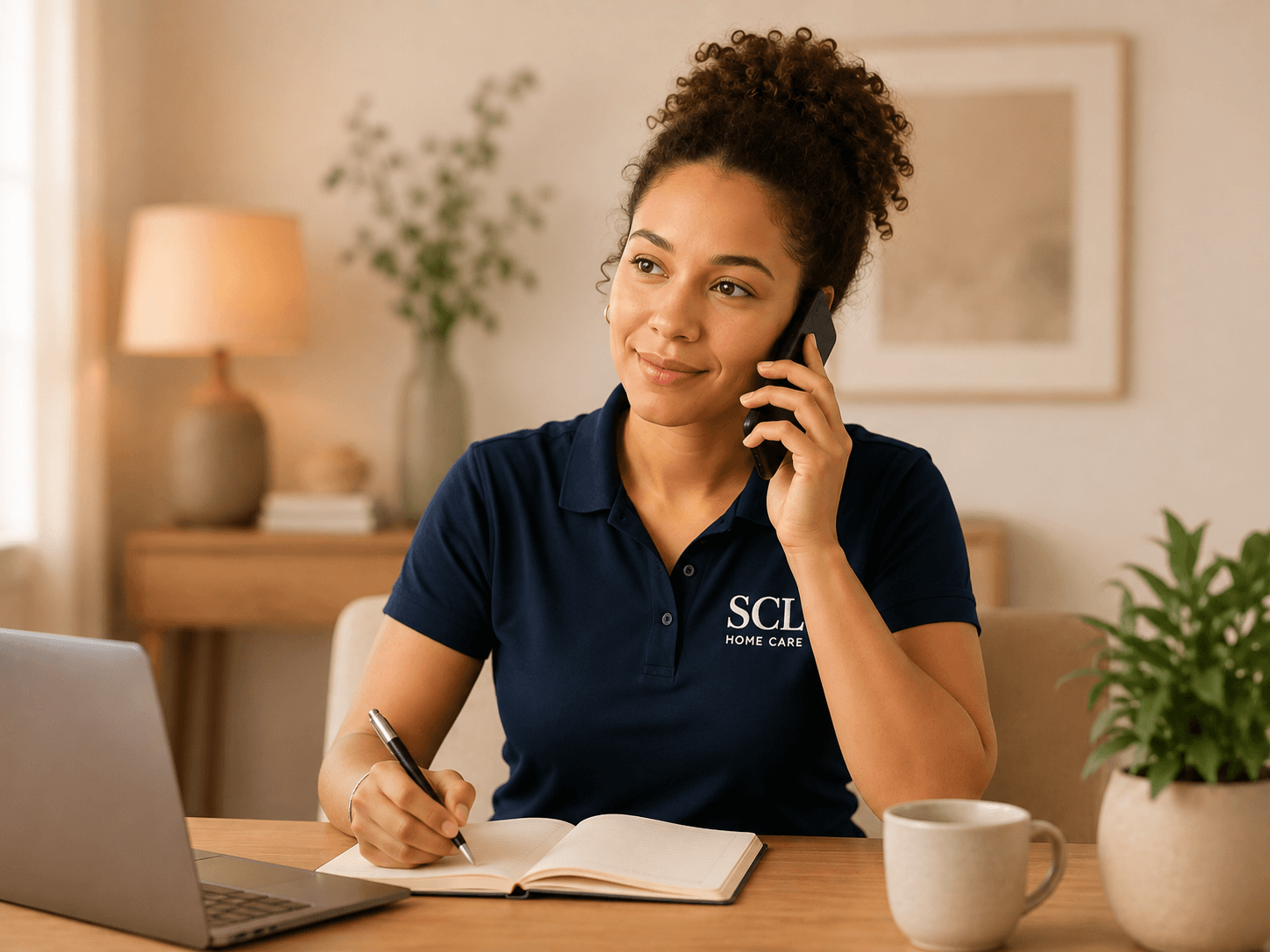 Someone from the SCL team on the phone, mid-conversation, with a notepad out and clearly listening rather than pitching.