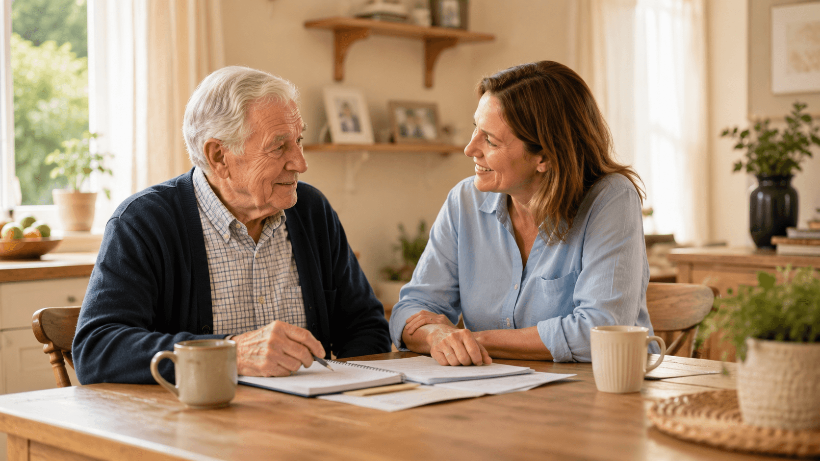 Warm, reassuring hero shot of an older person and a family member talking at home in natural light