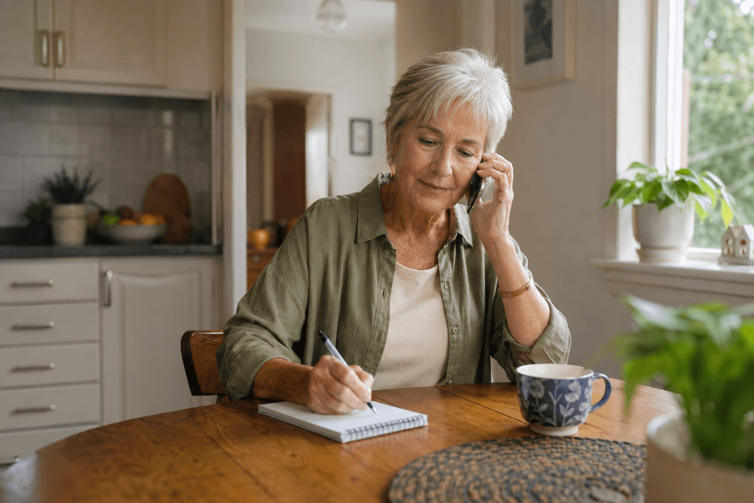 Older person on the phone at their kitchen table, unhurried, with a notepad
