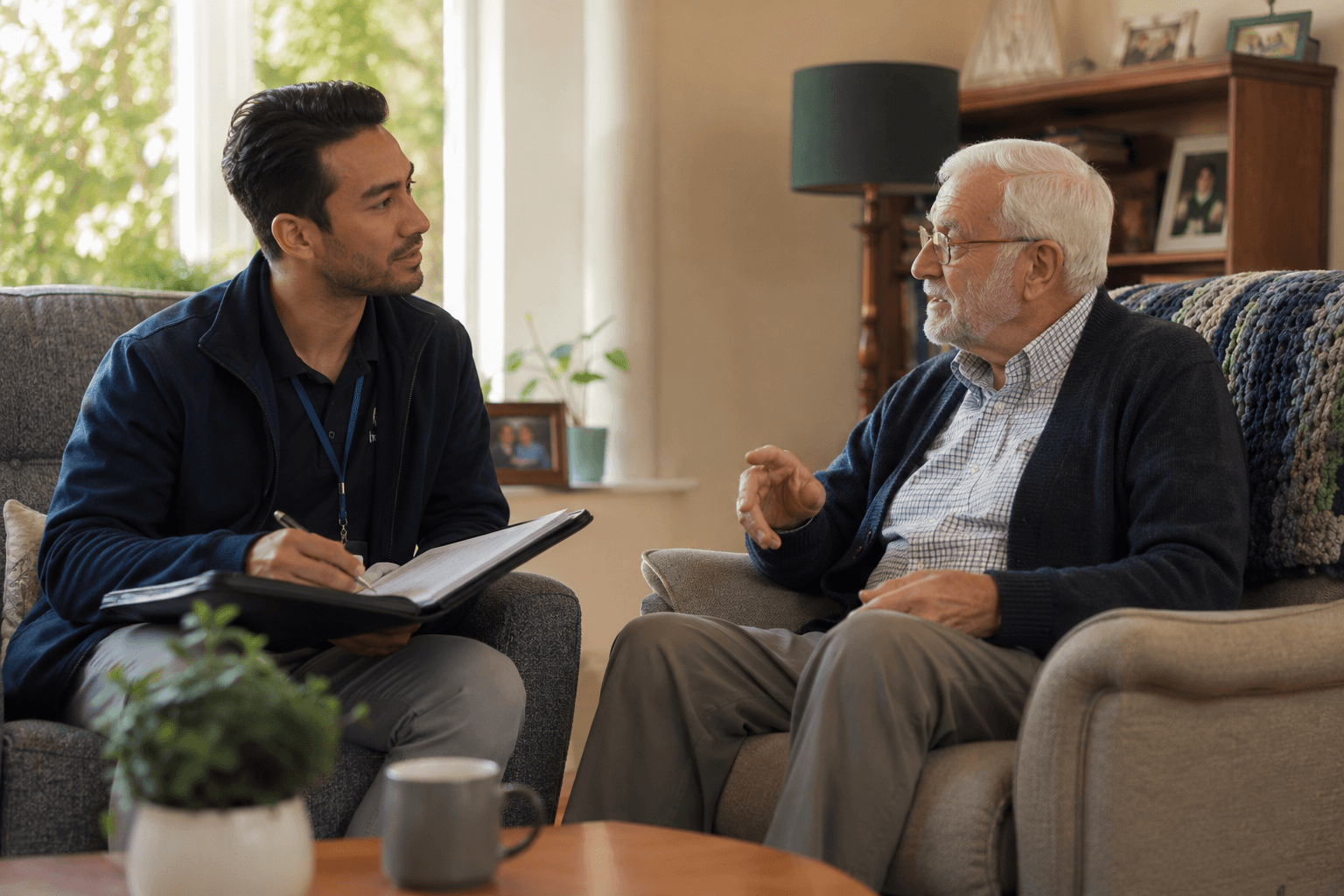 Assessor and older person talking in a lounge room, seated at the same level