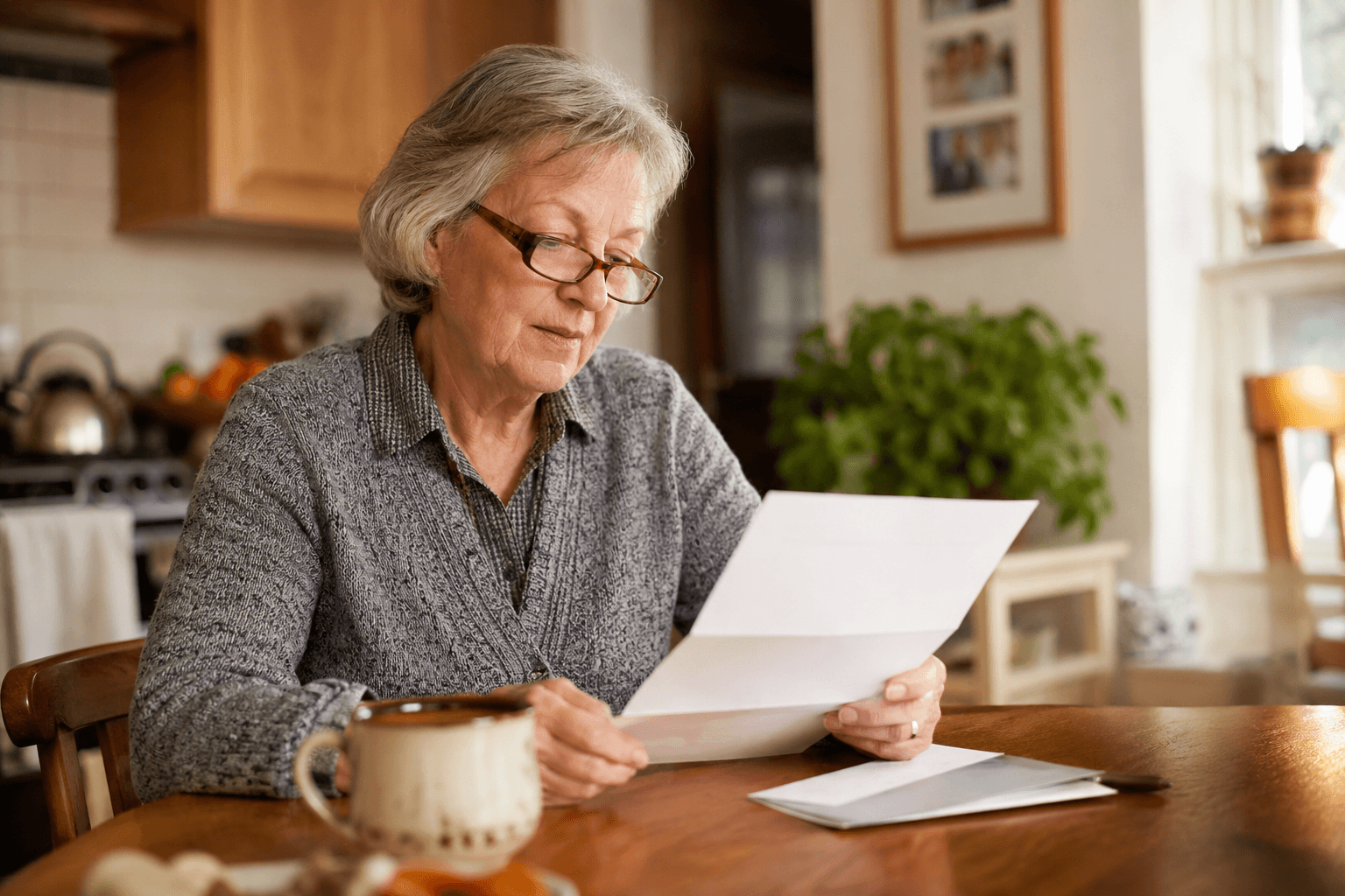 Older person reading a letter at home with reading glasses on