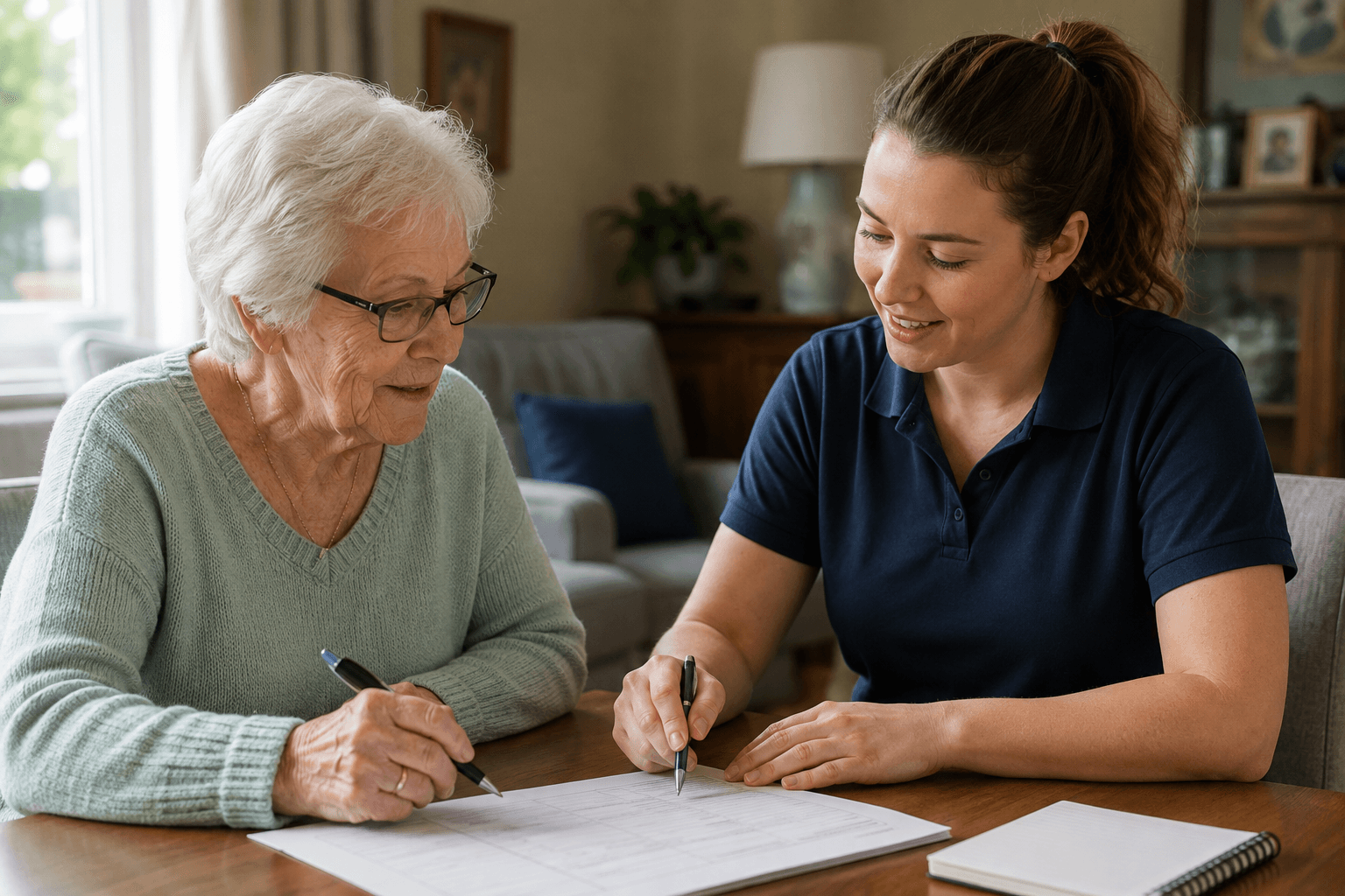 Care partner and client at a table with a plan between them, both contributing