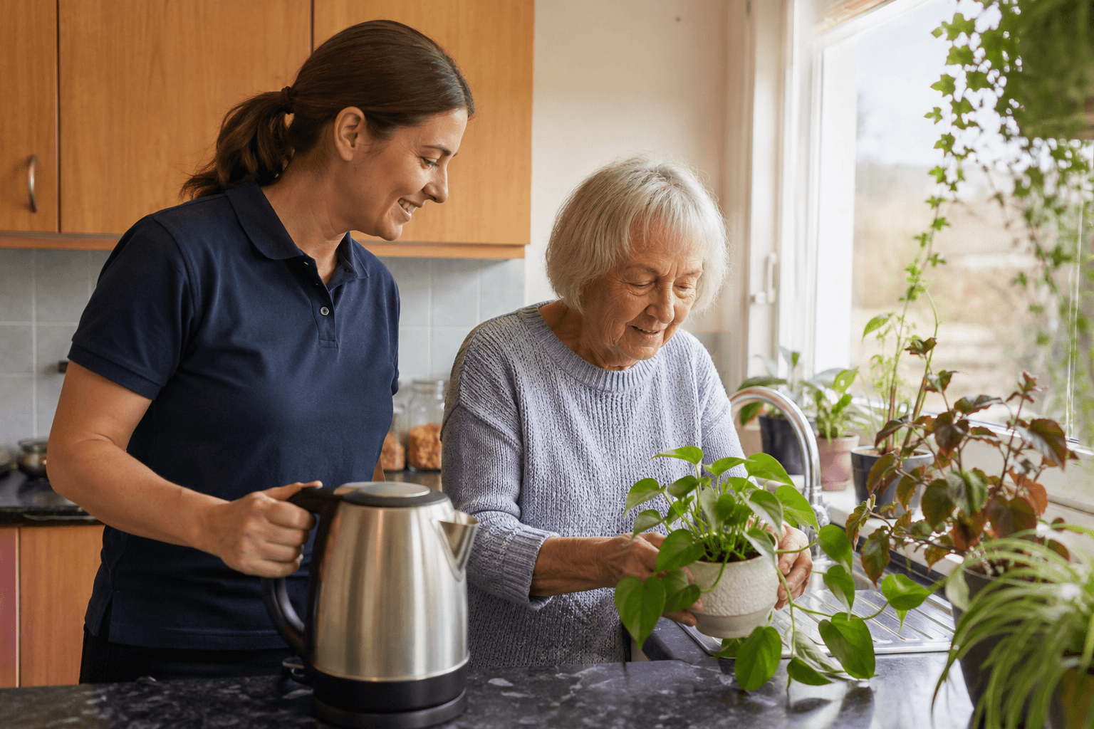 Support worker and client doing something ordinary together, with the kettle on and plants being watered