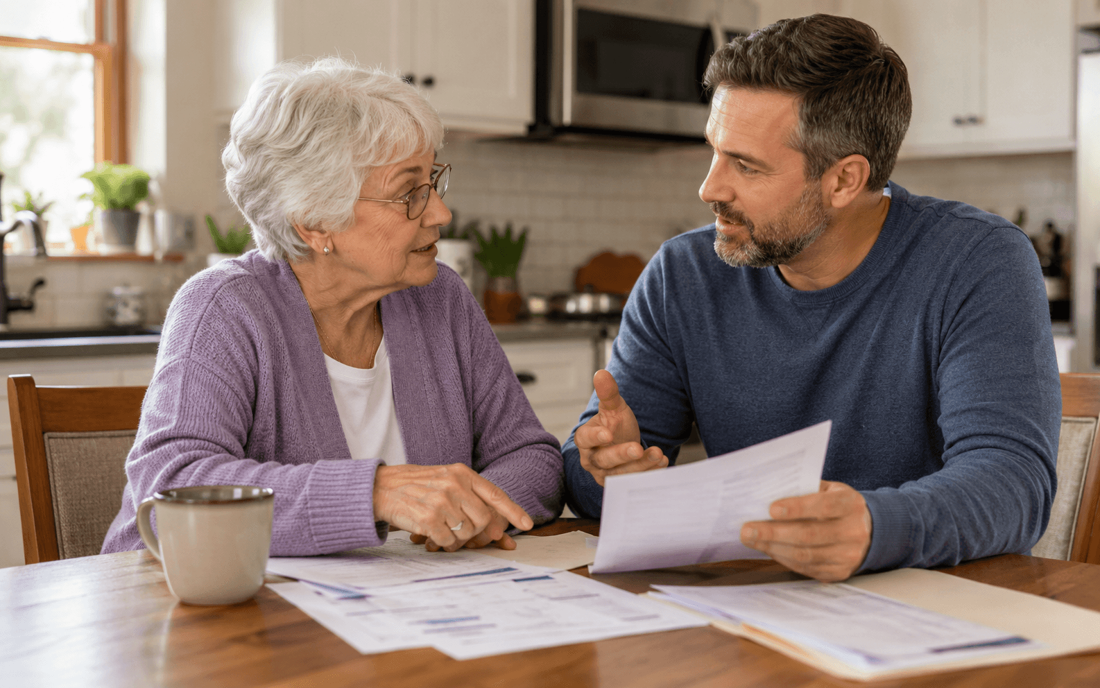 Older person and adult child at a kitchen table with paperwork, talking rather than reading