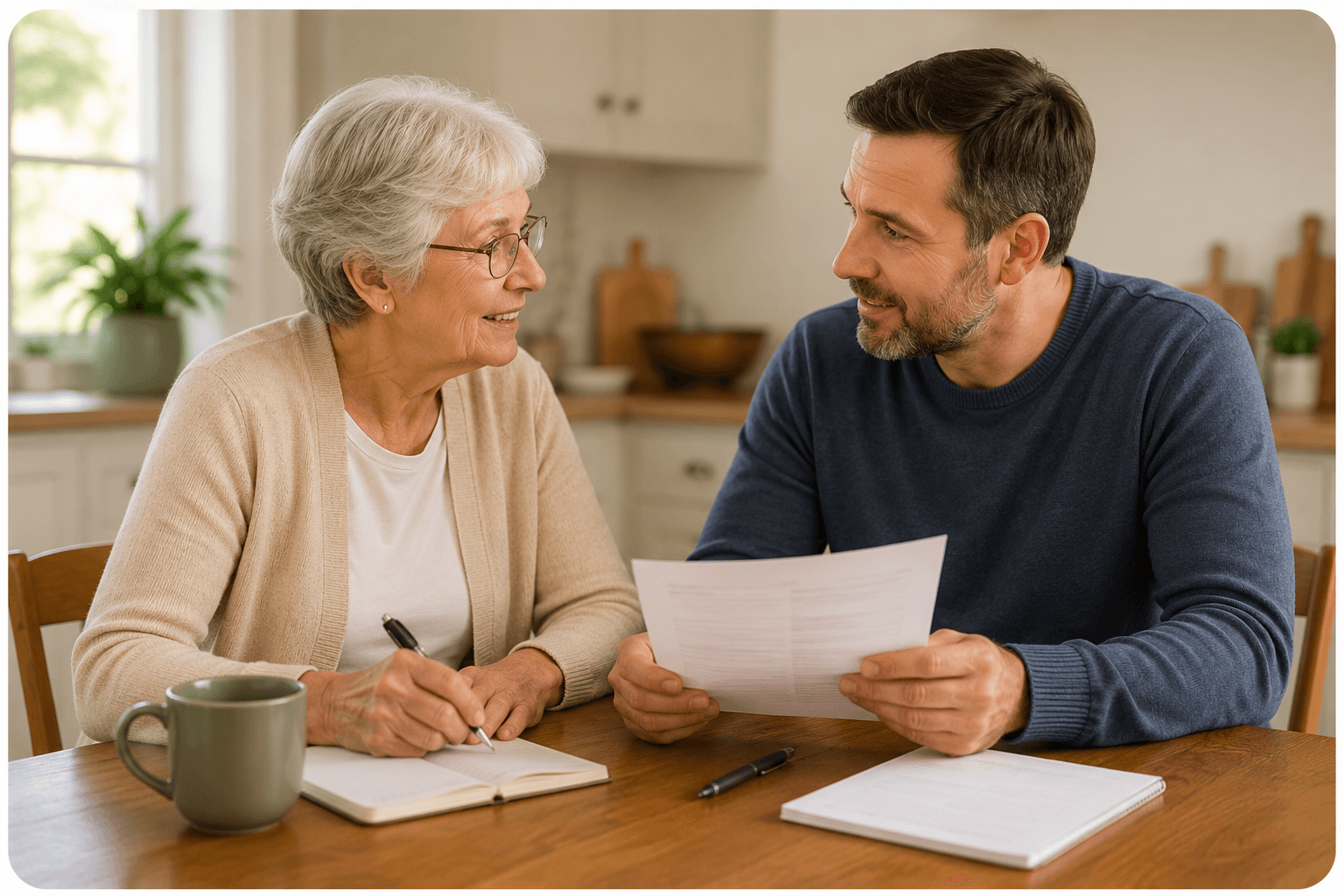 An SCL care partner explaining Support at Home to an older person in their home