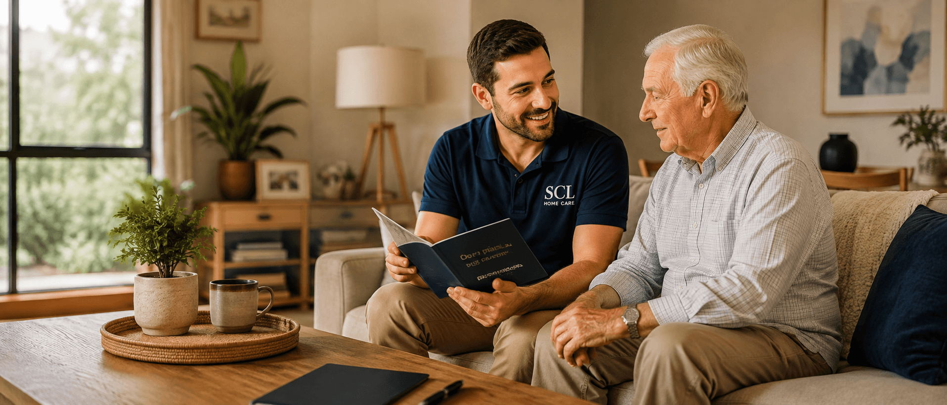 Wide shot of a support worker and client together — warmth without sentimentality. Landscape, works as a band across the page.