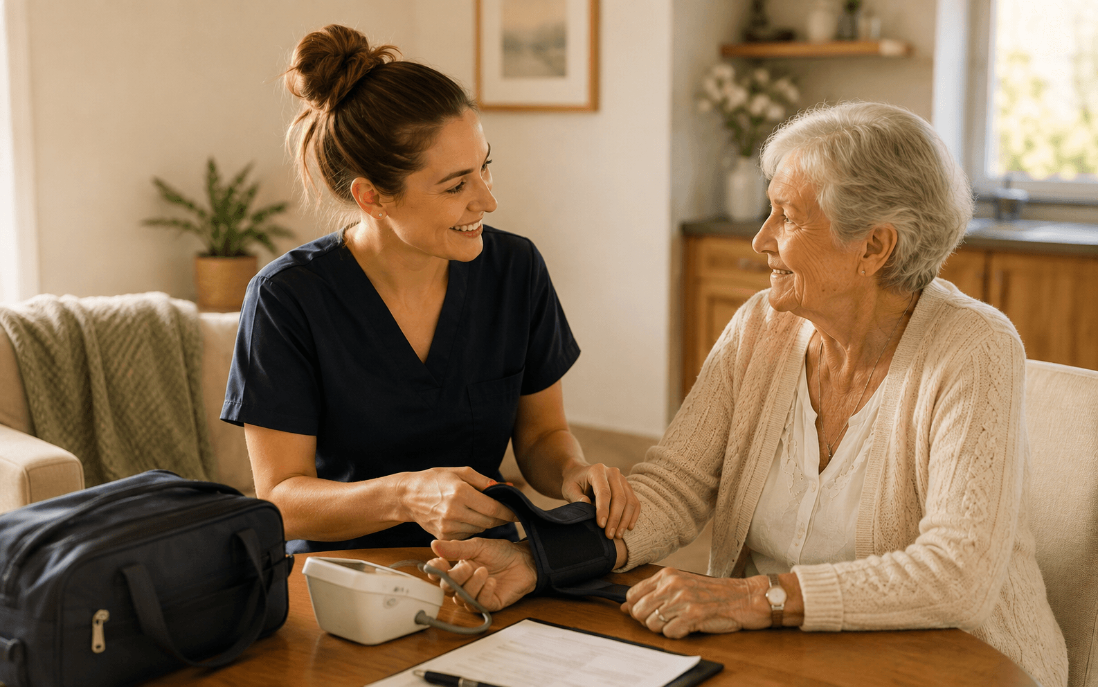 A nurse in a home setting rather than a clinical one — bag on the table, unhurried