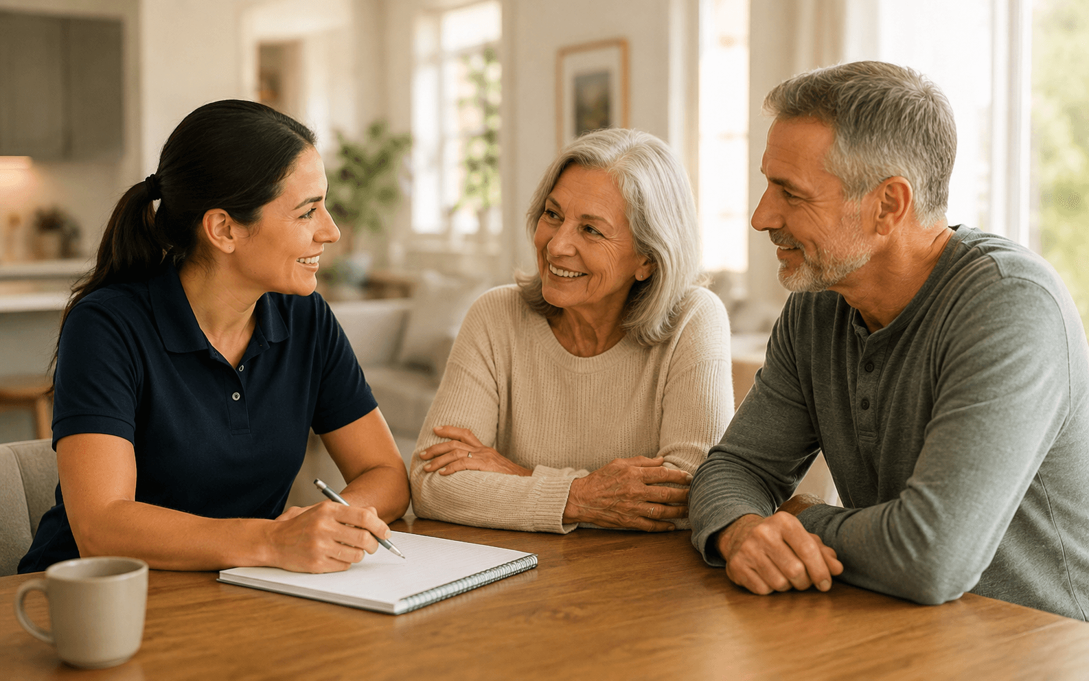 A care partner on the phone or with a client and family member, notepad out, clearly listening