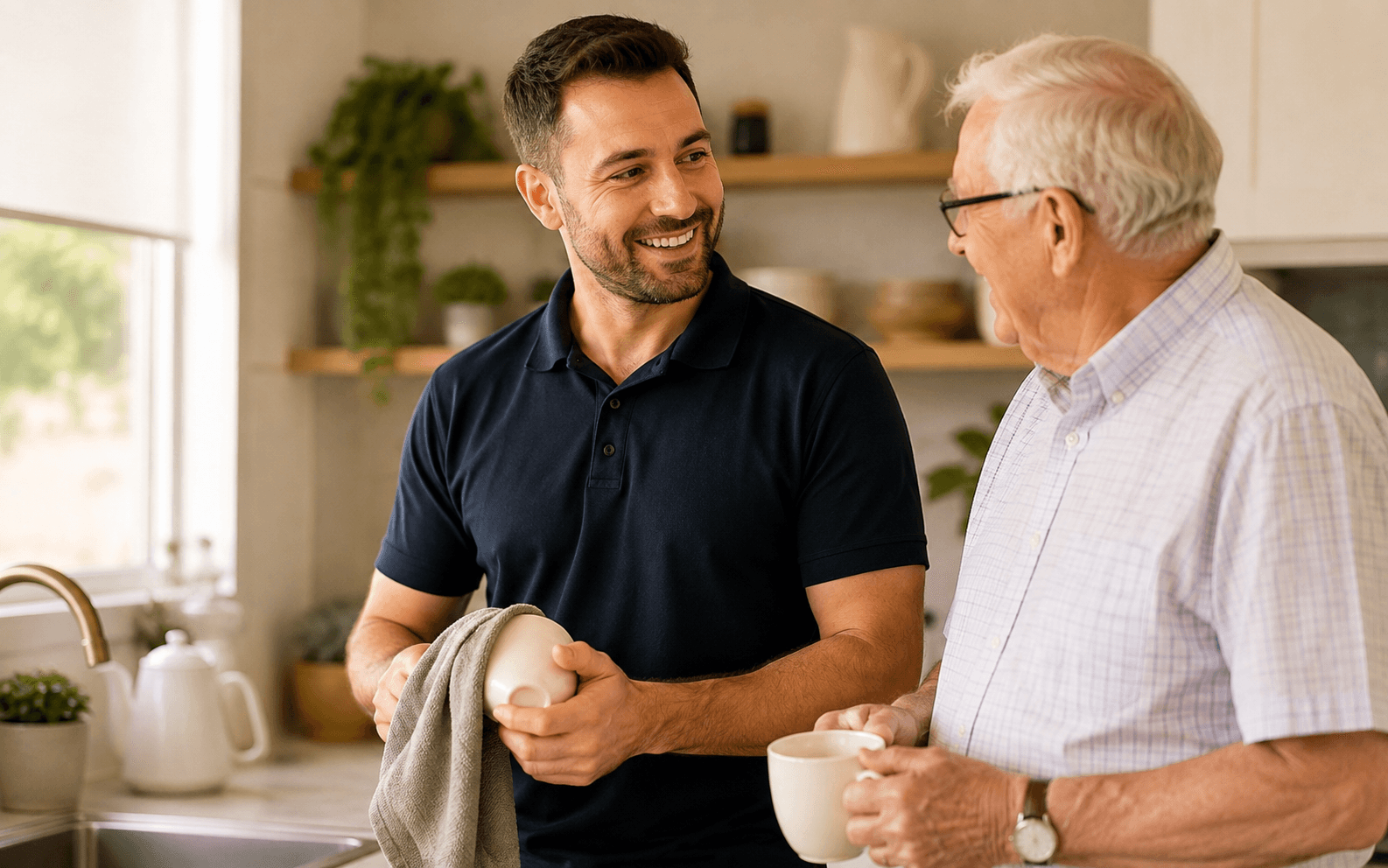 A support worker and client doing something ordinary together at home — making tea, folding washing, chatting