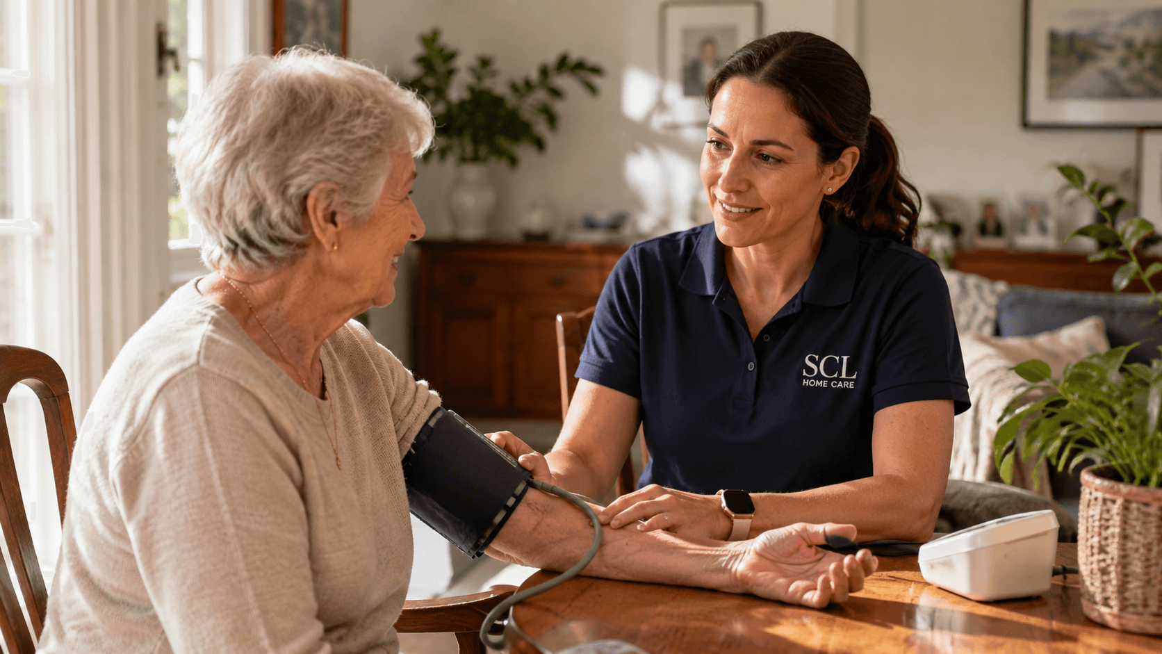 Older person receiving calm professional nursing care at home.