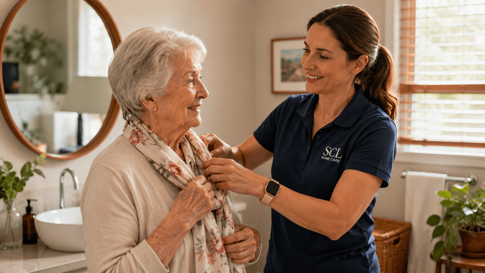 Older person receiving respectful personal care support at home from an SCL Home Care worker.
