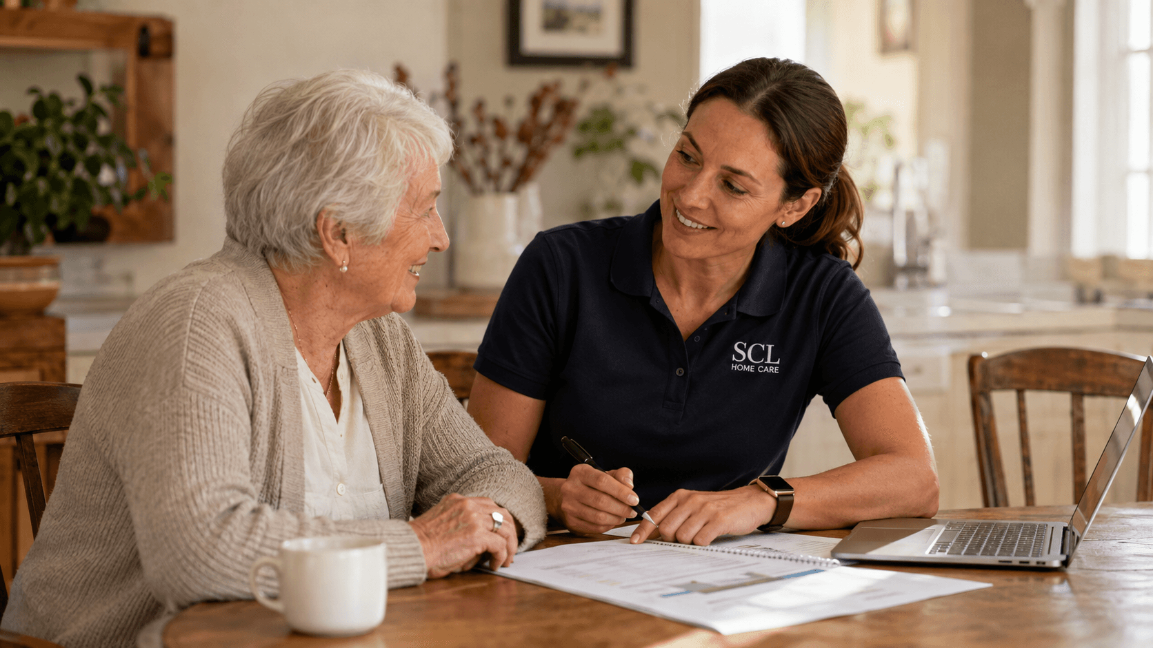 Older person reviewing their care plan at a kitchen table with an SCL Home Care care partner.