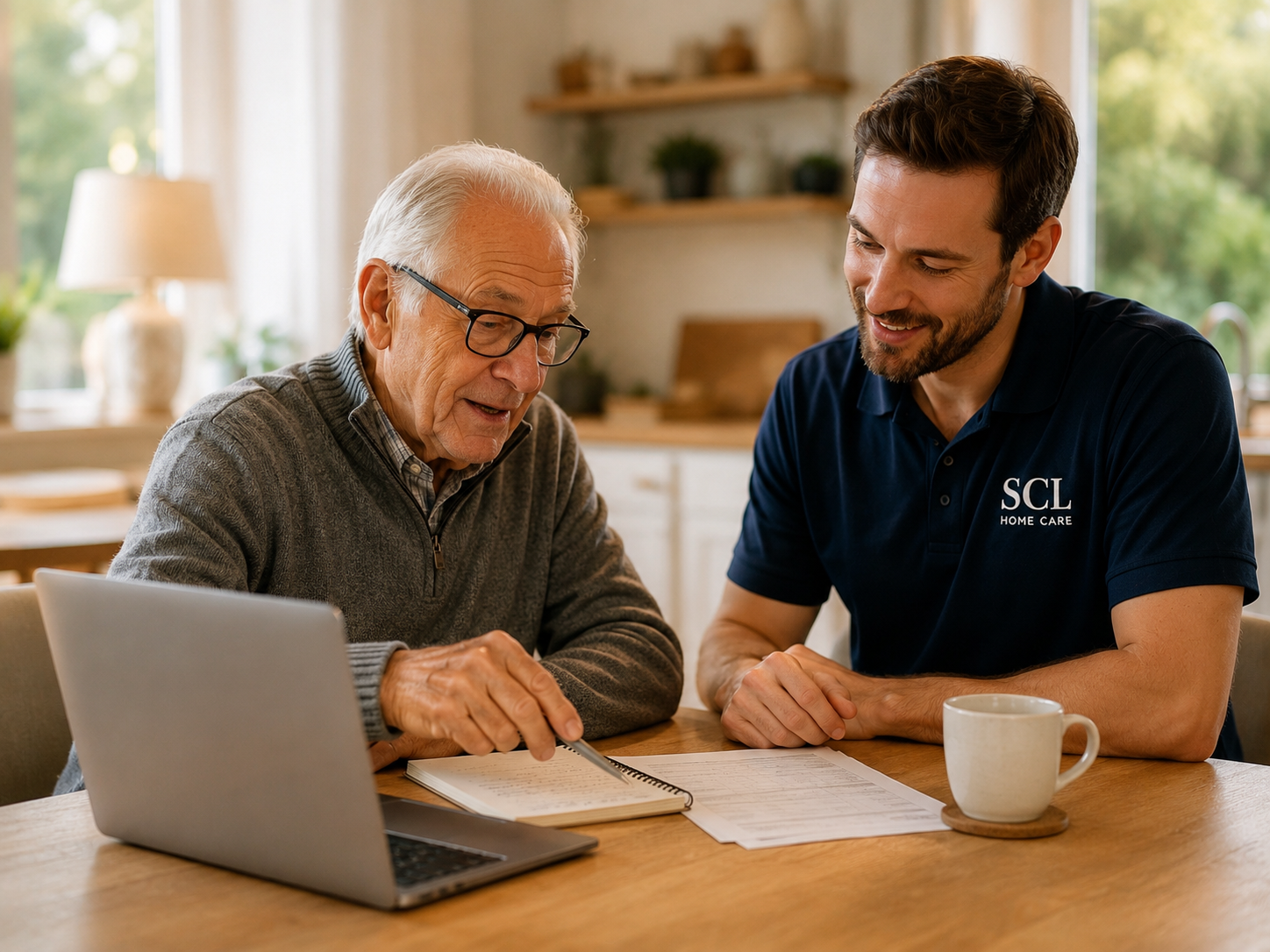 An older person and support worker at home